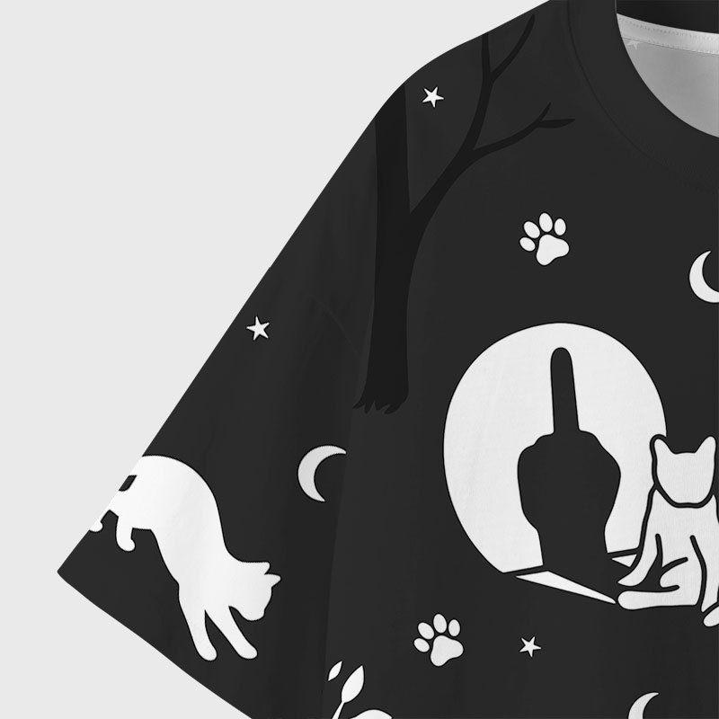 Midnight Sassy Cat Middle Finger Geek Eco Oversized Graphic Tees