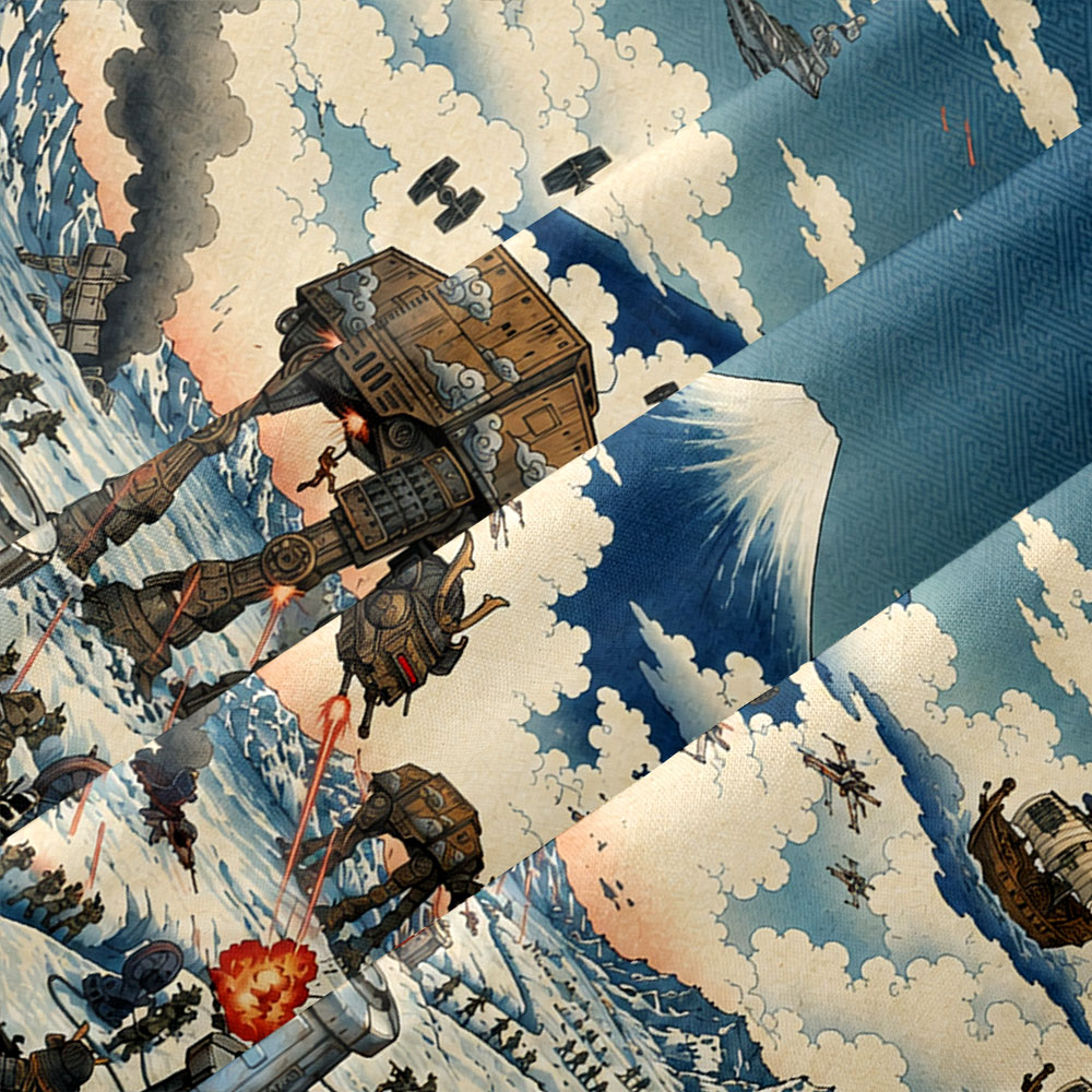 Vintage Ukiyo-e Style Galactic Ice Planet Battle Button Up Pocket Shirt