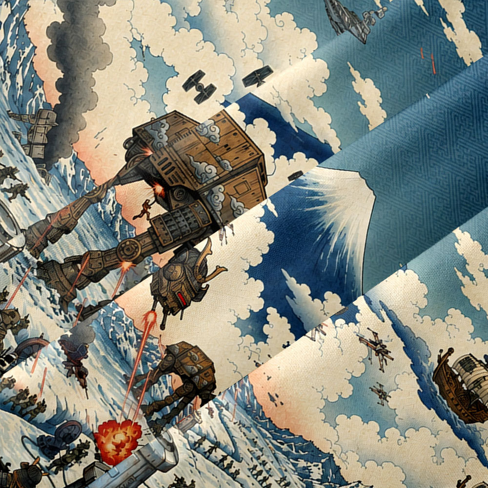 Vintage Ukiyo-e Style Galactic Ice Planet Battle Button Up Pocket Shirt