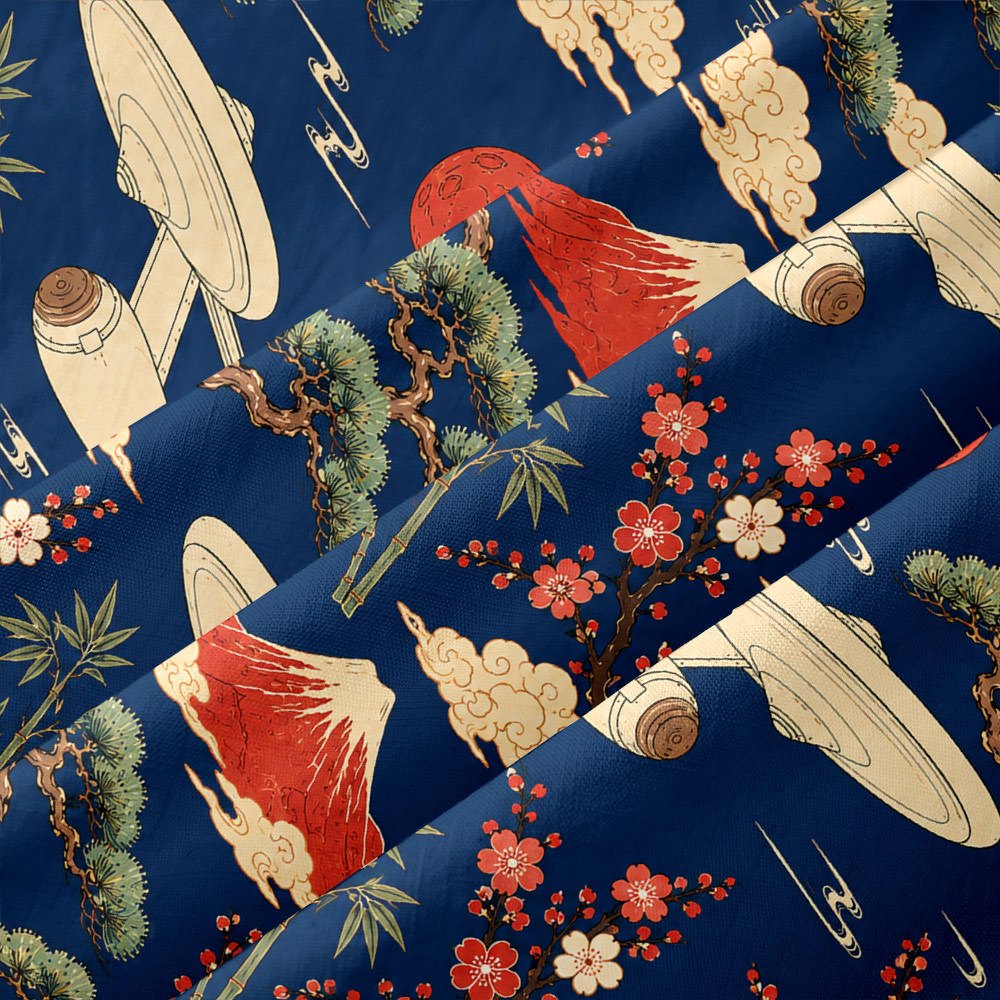 Sci-Fi Spaceship Ukiyo-e Style Button Up Pocket Shirt