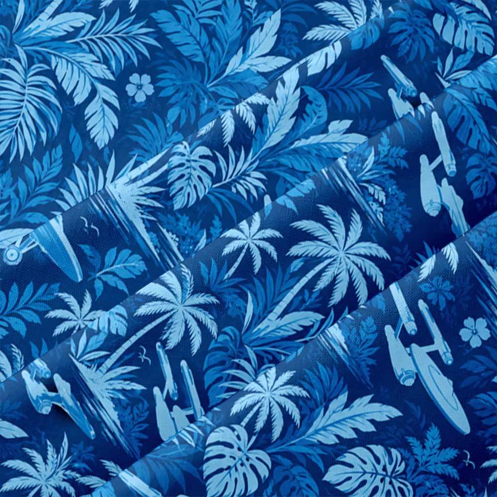 Vintage Blue Tropical Palm Tree Button Up Pocket Shirt