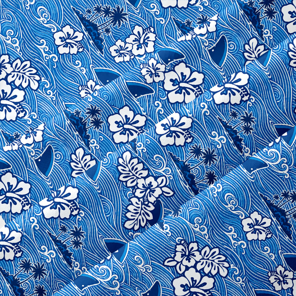 Blue Ocean Wave Hibiscus Tropical Button Up Pocket Shirt
