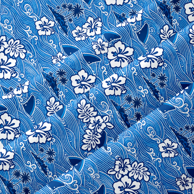 Blue Ocean Wave Hibiscus Tropical Button Up Pocket Shirt