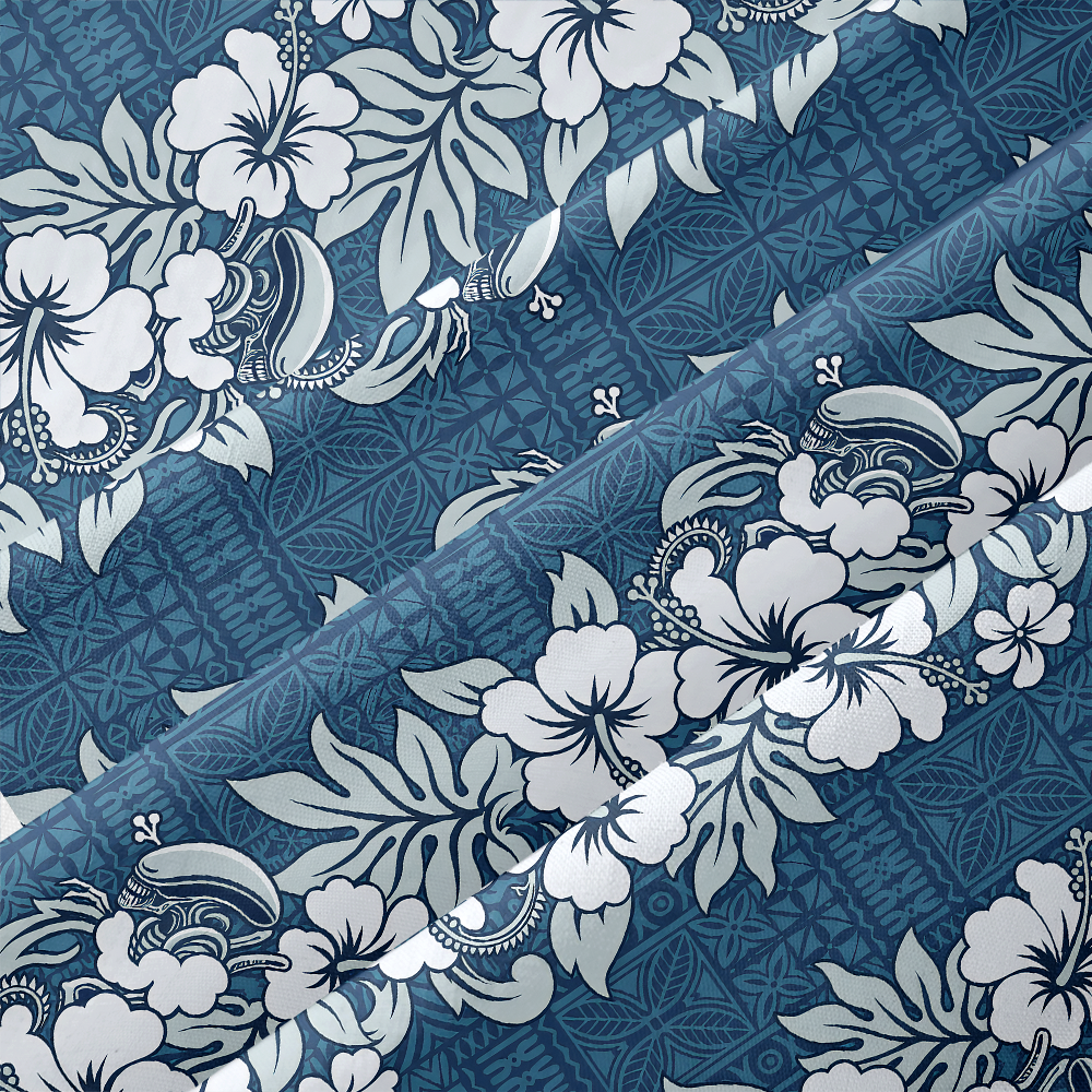 Ocean Blue Sci-Fi Tropical Floral Tribal Print Button Up Pocket Shirt