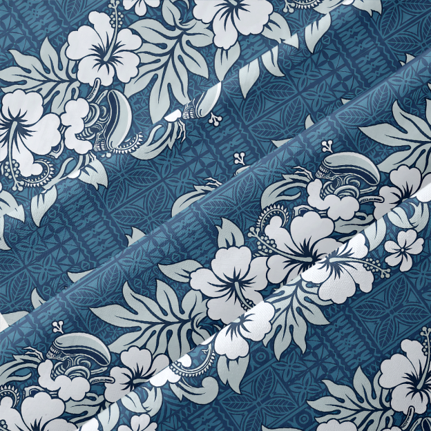 Ocean Blue Sci-Fi Tropical Floral Tribal Print Button Up Pocket Shirt