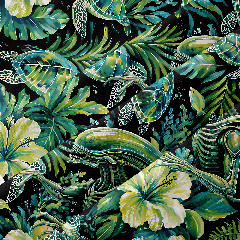 Underwater Jungle Sci-Fi Beast Sea Turtle Floral Button Up Pocket Shirt
