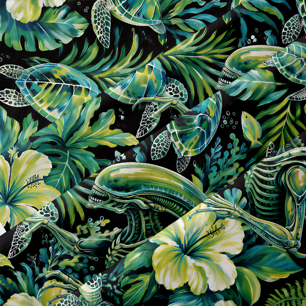 Underwater Jungle Sci-Fi Beast Sea Turtle Floral Button Up Pocket Shirt