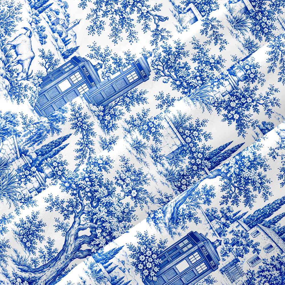 Blue Toile Fantasy Village Kiosk Button Up Pocket Shirt