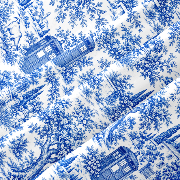Blue Toile Fantasy Village Kiosk Button Up Pocket Shirt
