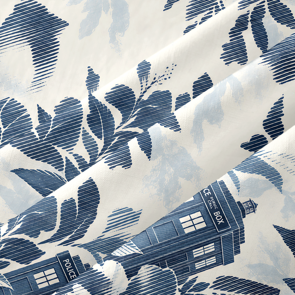 Blue Vintage Toile Fantasy Building Botanical Button Up Pocket Shirt