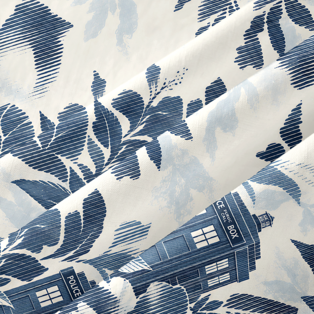 Blue Vintage Toile Fantasy Building Botanical Button Up Pocket Shirt
