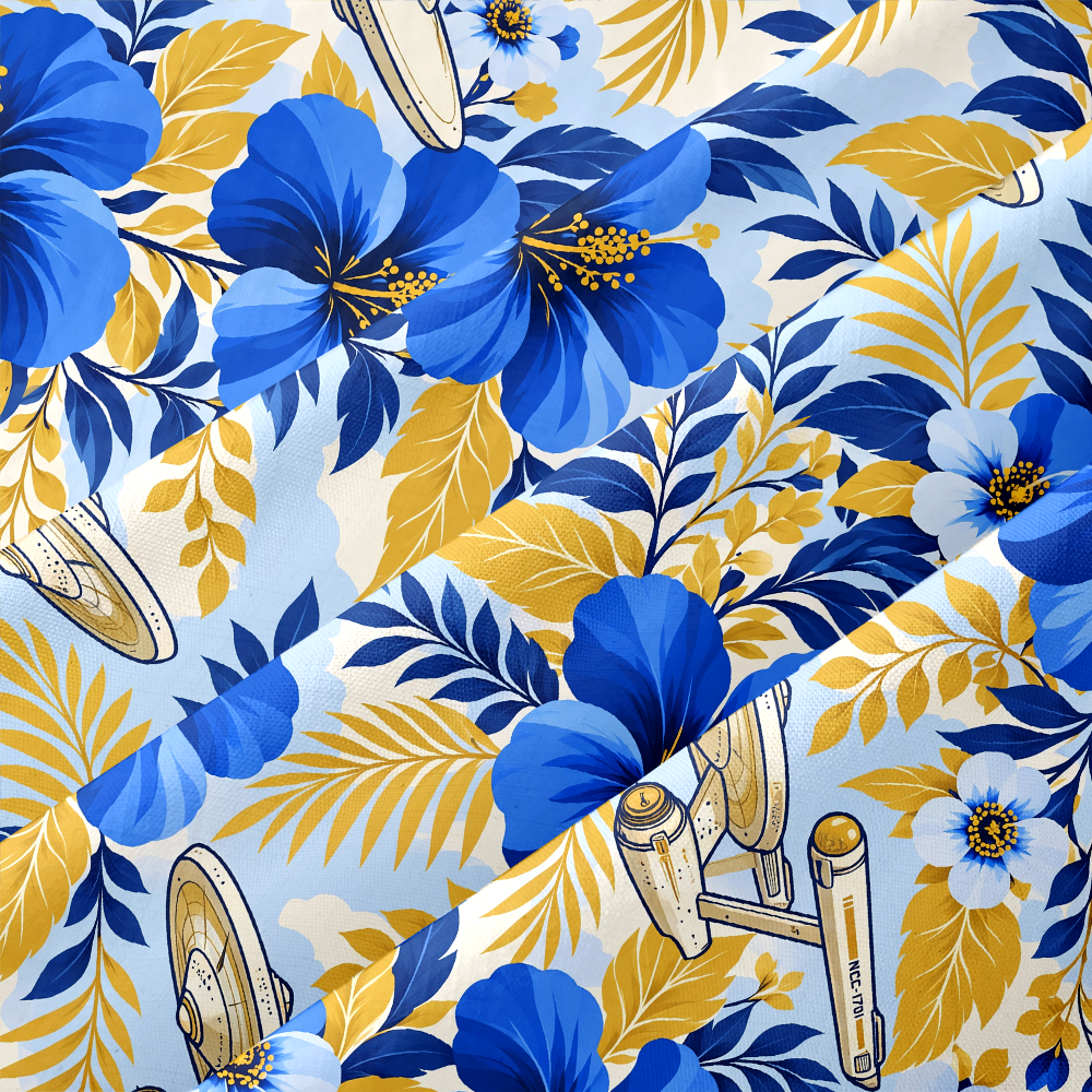Tropical Hibiscus Space Craft Sci-Fi Button Up Pocket Shirt