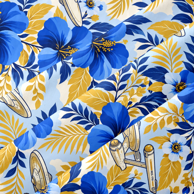 Tropical Hibiscus Space Craft Sci-Fi Button Up Pocket Shirt