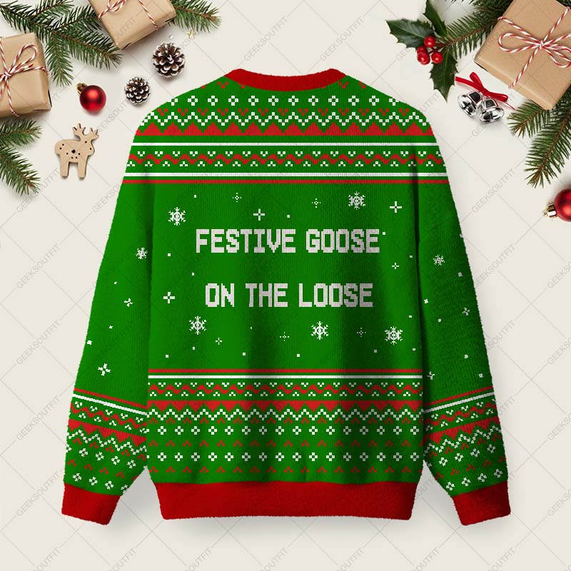 Festive Goose On The Loose Ugly Christmas Fuzzy Fleece Sweatshirt