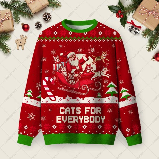 Christmas Cat Santa Cat Lover Ugly Christmas Fuzzy Fleece Sweatshirt