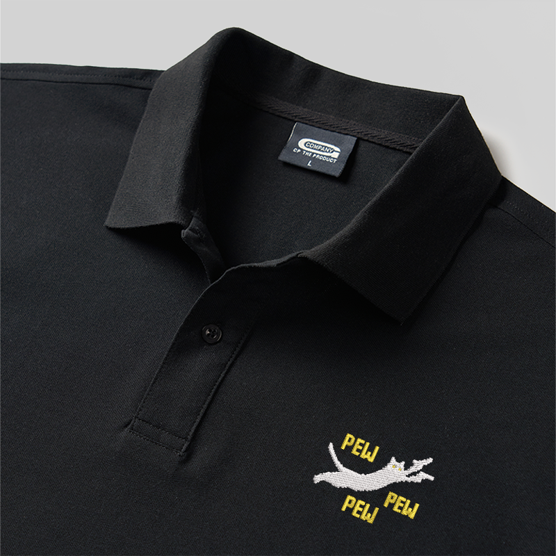 Pew Pew Pew Cat Geek Embroidered Polo Shirts