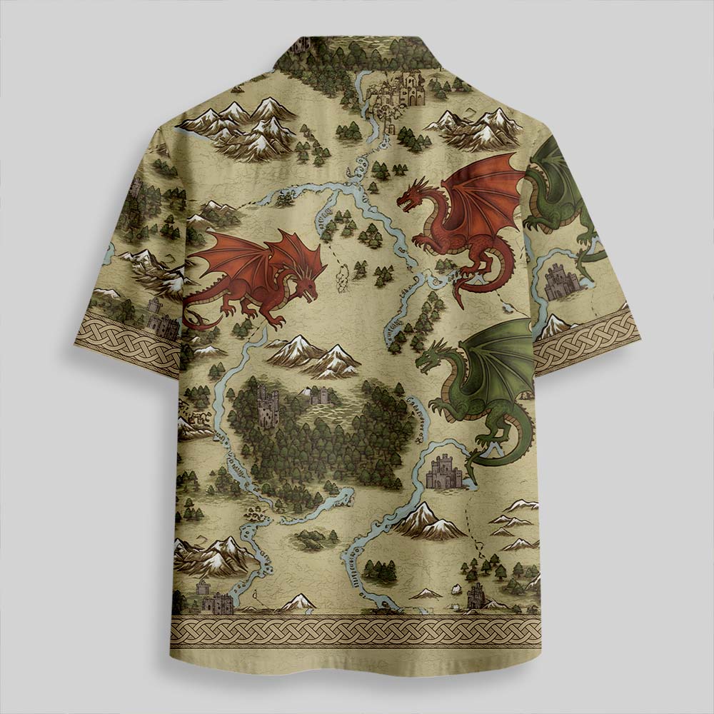 Retro SciFi Dragon Map Button Up Pocket Shirt