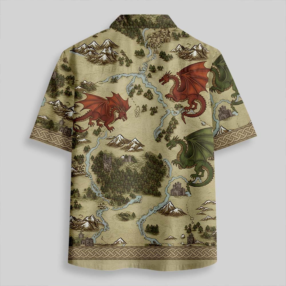 Retro SciFi Dragon Map Button Up Pocket Shirt