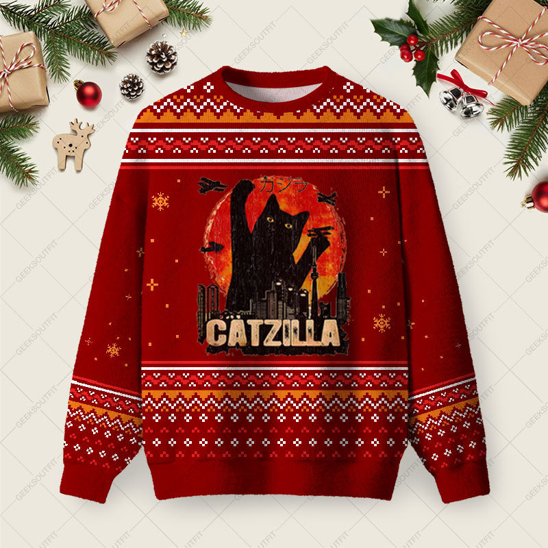 Geeksoutfit Black Cat Ugly Christmas Fuzzy Fleece Sweatshirt for Sale
