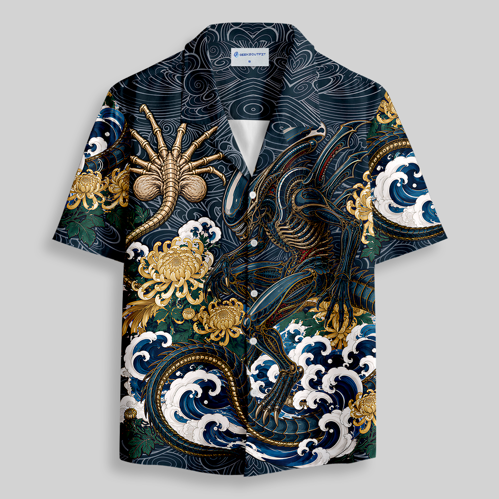 Japanese Wave Alien Beast Chrysanthemum Button Up Pocket Shirt