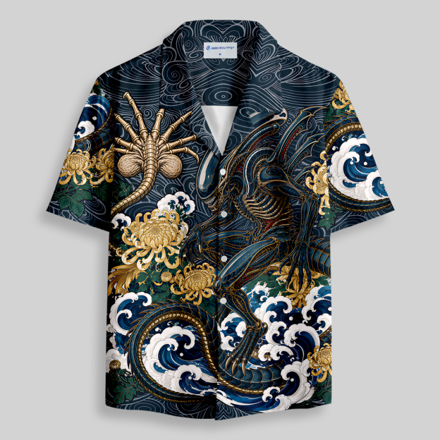 Japanese Wave Alien Beast Chrysanthemum Button Up Pocket Shirt