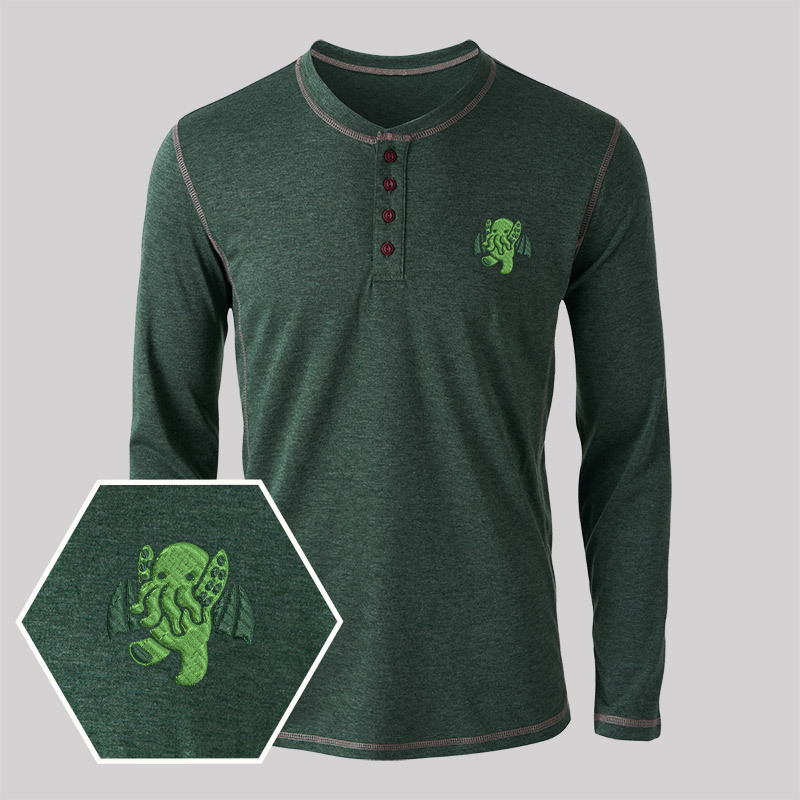 Cthulhu Geek Embroidered Long Sleeve Henley Shirts