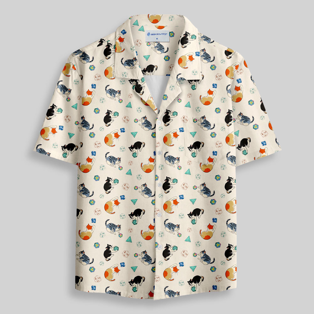 Feline Fun with DnD Dice White Button Up Pocket Shirt