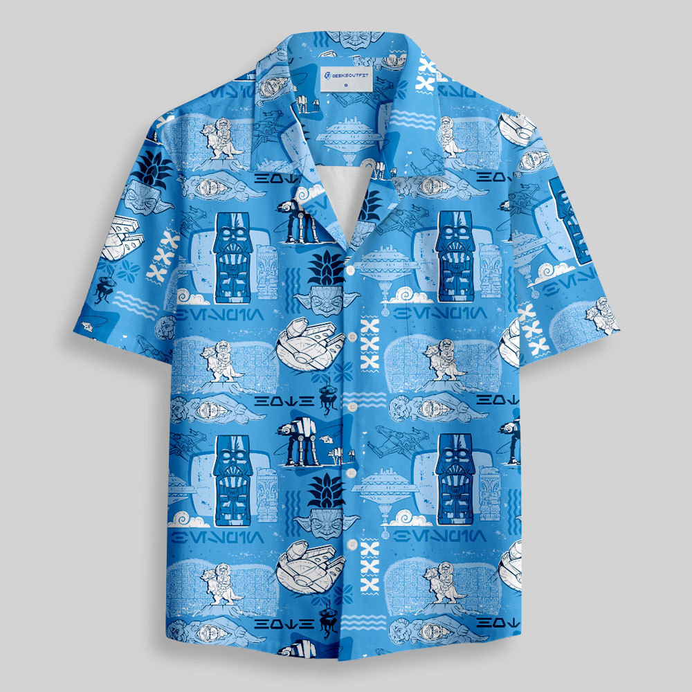 Hawaiian Traditional Tiki Blue Button Up Pocket Shirt
