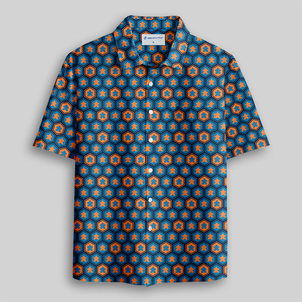 Meeple Hexagon Pattern Button Up Pocket Shirt