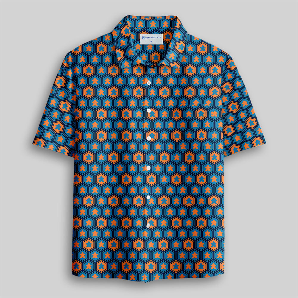Meeple Hexagon Pattern Button Up Pocket Shirt