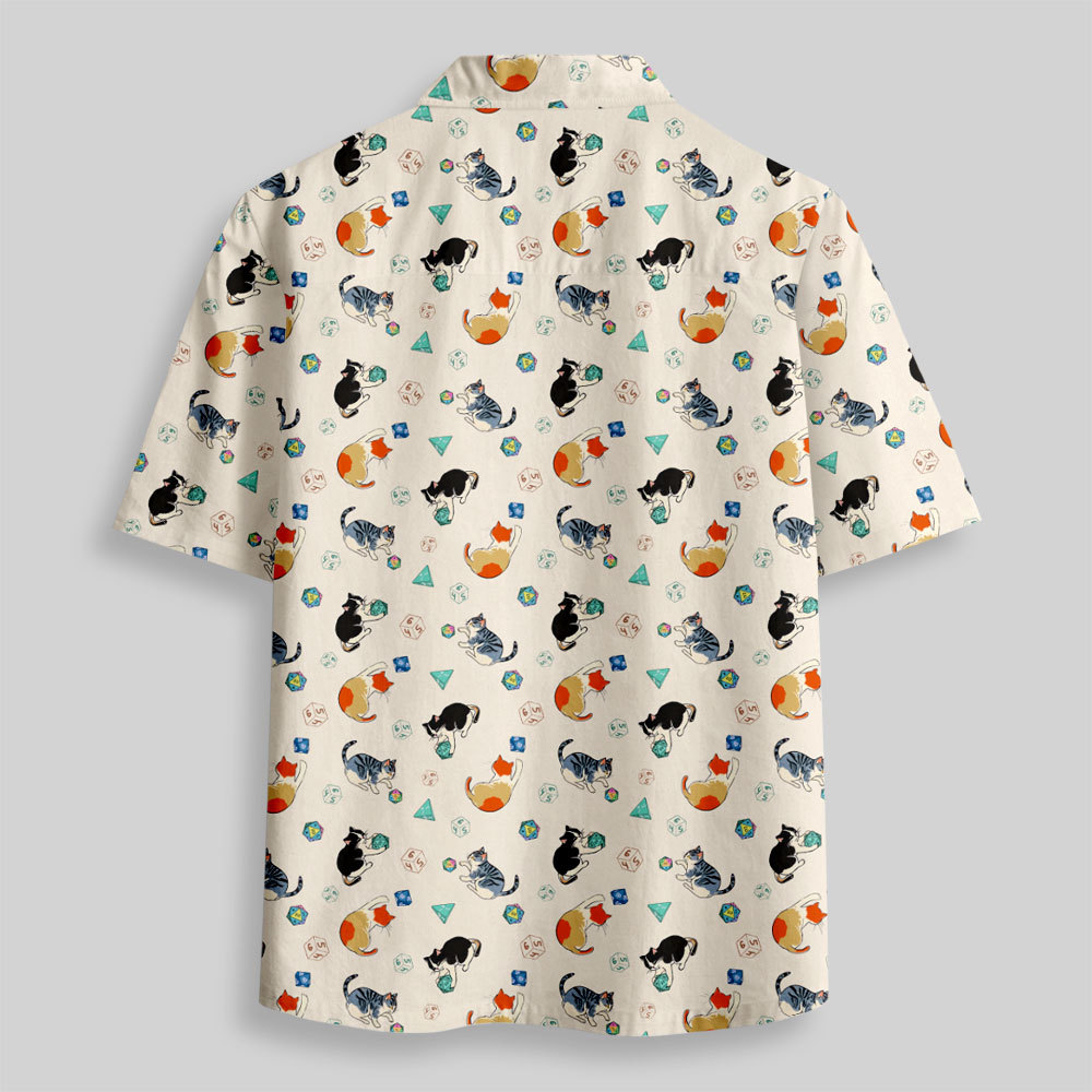 Feline Fun with DnD Dice White Button Up Pocket Shirt