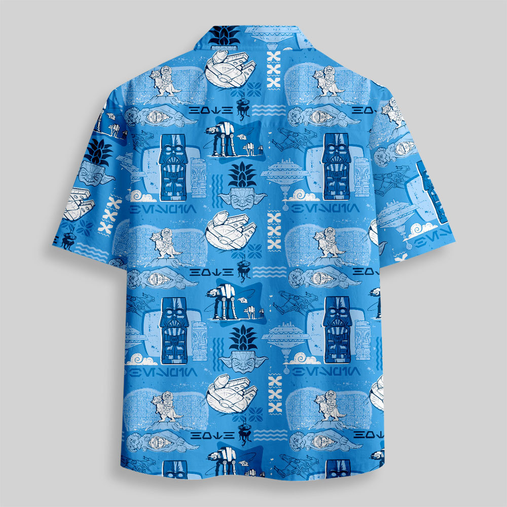 Hawaiian Traditional Tiki Blue Button Up Pocket Shirt