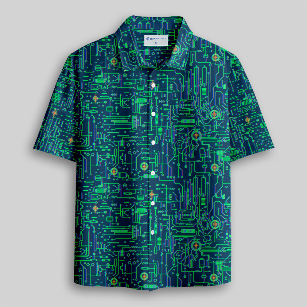 Faulty Circuit Board Green Button Up Pocket Shirt