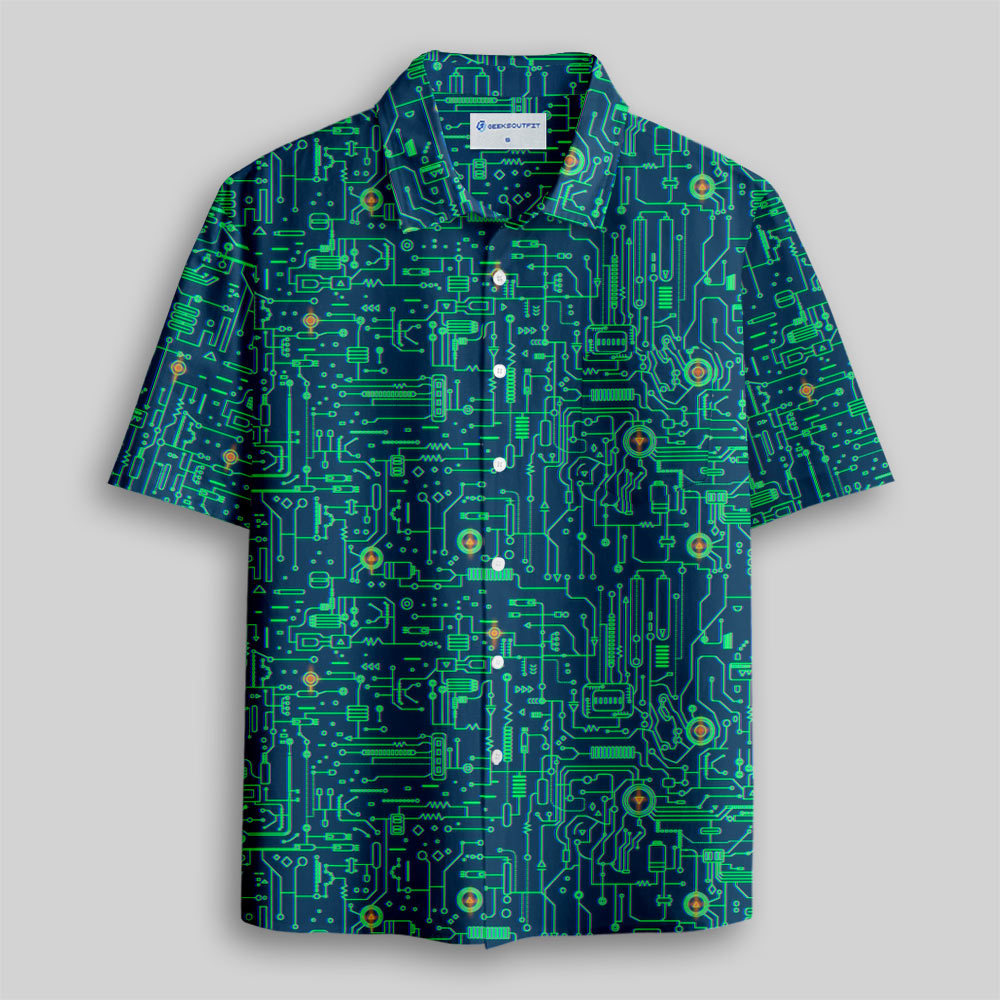 Faulty Circuit Board Green Button Up Pocket Shirt