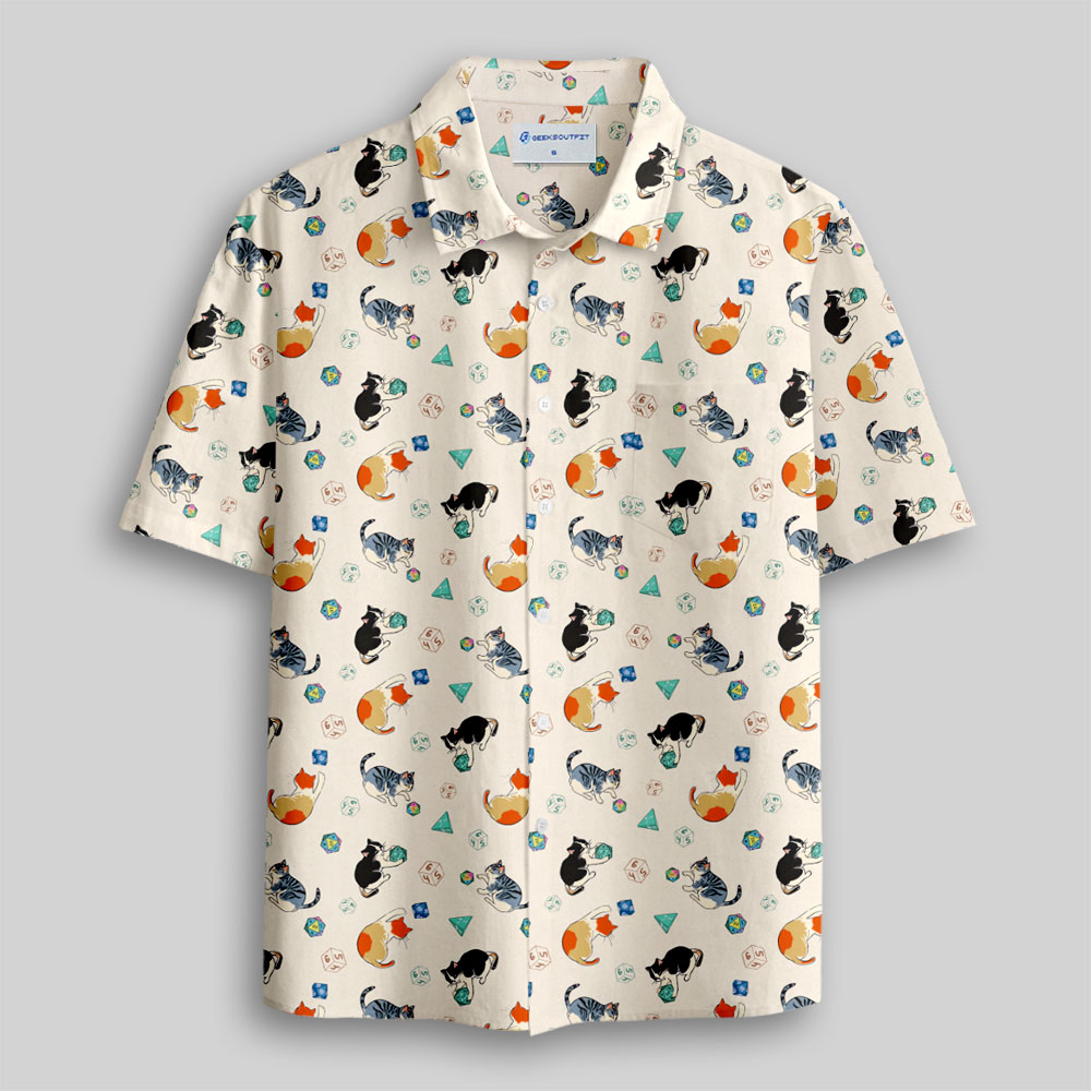 Feline Fun with DnD Dice White Button Up Pocket Shirt