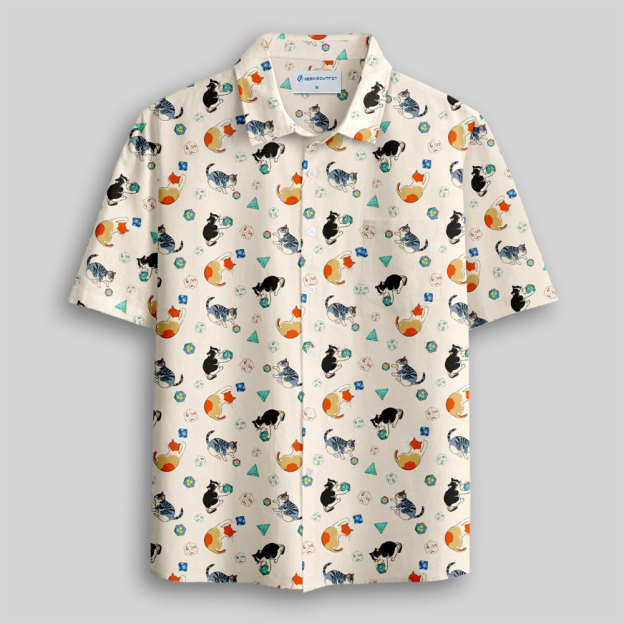 Feline Fun with DnD Dice White Button Up Pocket Shirt