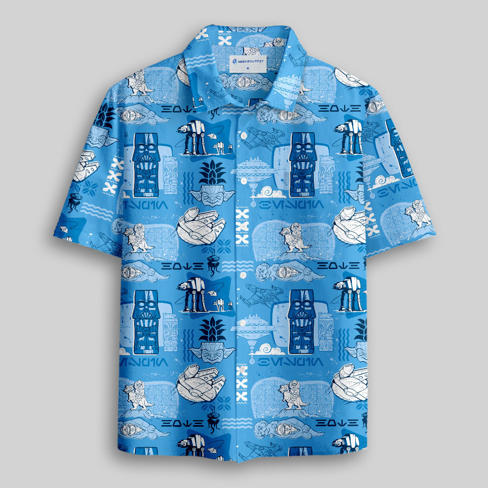Hawaiian Traditional Tiki Blue Button Up Pocket Shirt