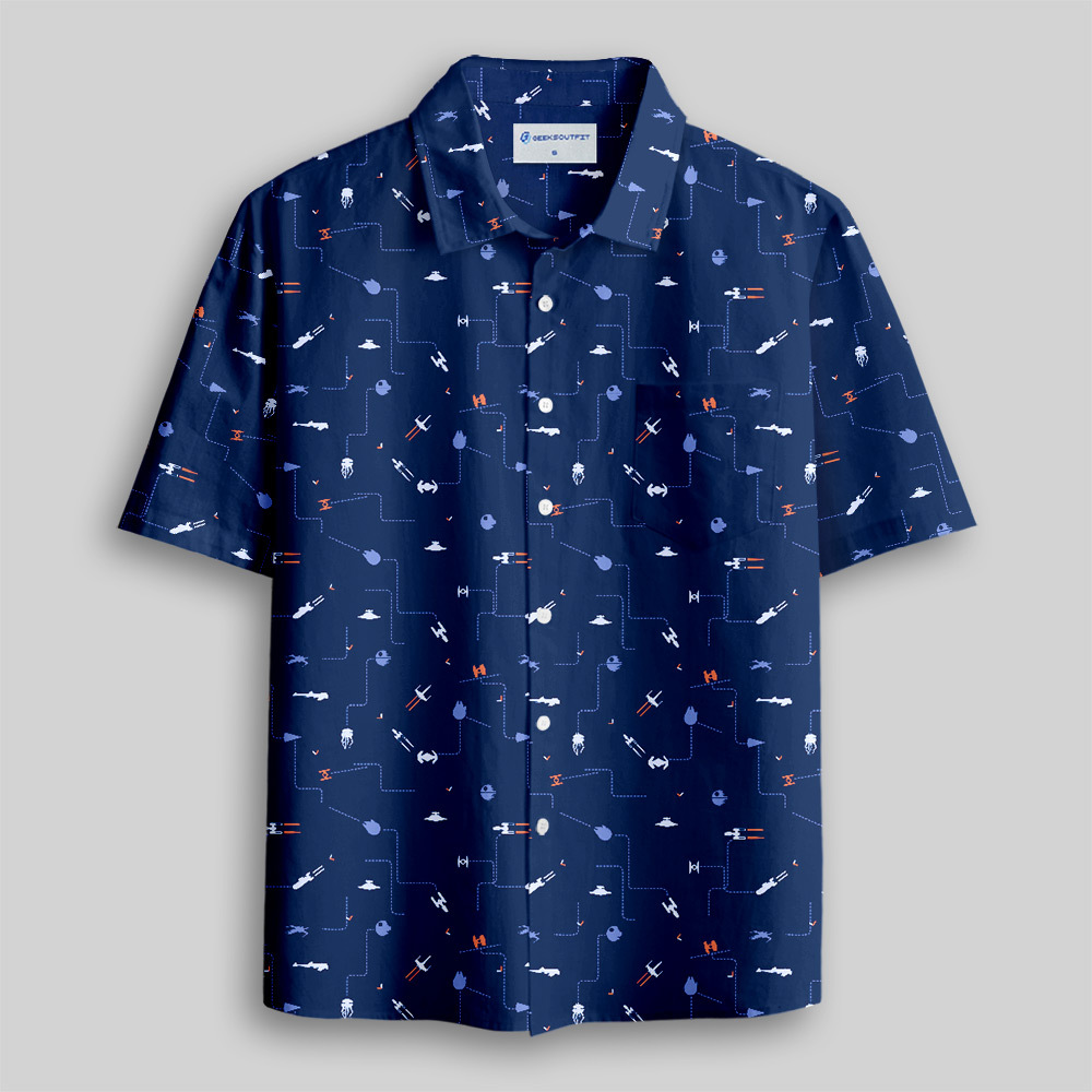 Spaceship Icon Blue Button Up Pocket Shirt