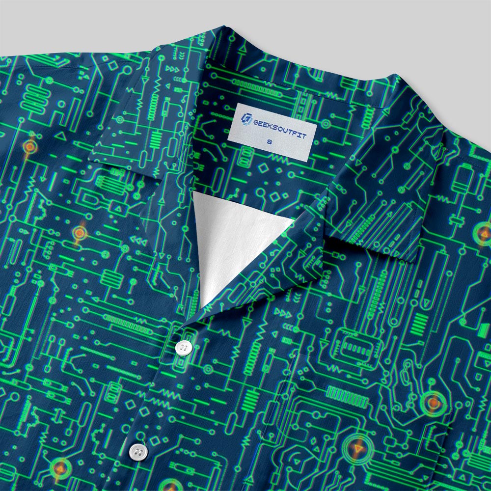 Faulty Circuit Board Green Button Up Pocket Shirt