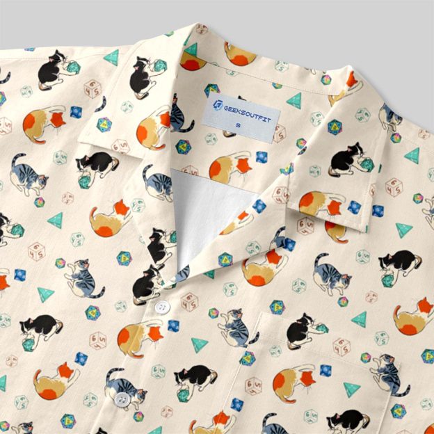 Feline Fun with DnD Dice White Button Up Pocket Shirt