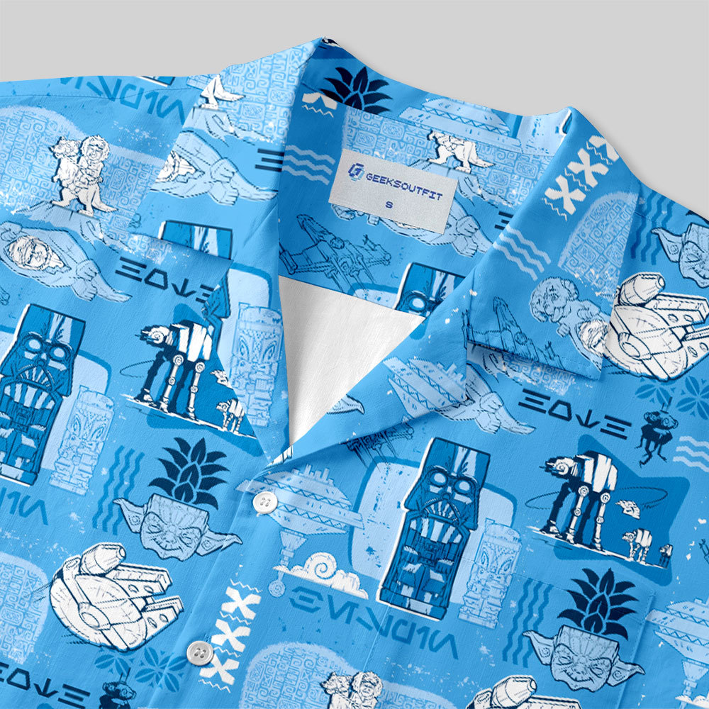 Hawaiian Traditional Tiki Blue Button Up Pocket Shirt