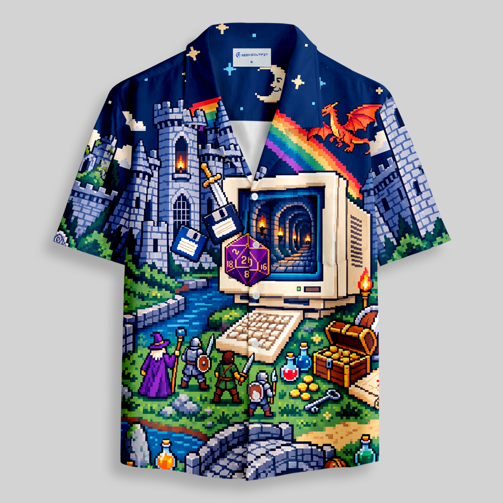 Pixel Fantasy Adventure Nerd Art Button Up Pocket Shirt