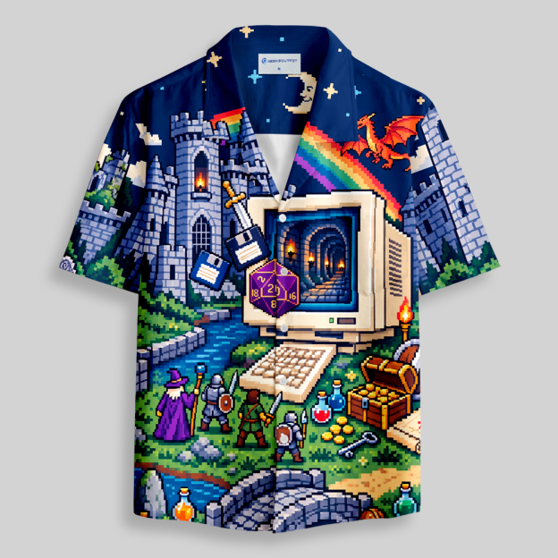 Pixel Fantasy Adventure Nerd Art Button Up Pocket Shirt