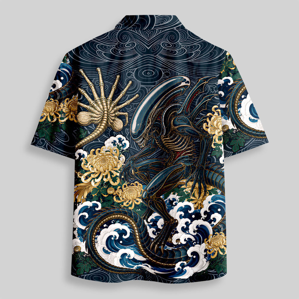 Japanese Wave Alien Beast Chrysanthemum Button Up Pocket Shirt