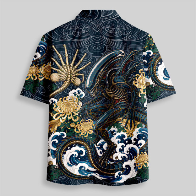 Japanese Wave Alien Beast Chrysanthemum Button Up Pocket Shirt