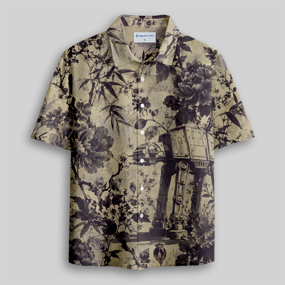 Ink Floral Robot Sci-Fi Button Up Pocket Shirt