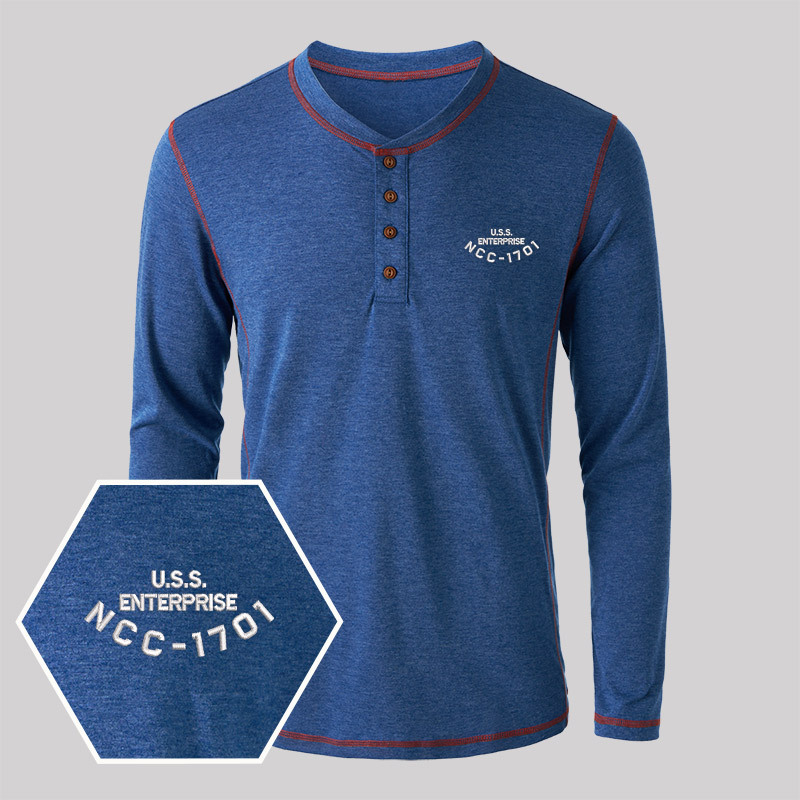 U.S.S. Enterprise NCC-1701 Geek Embroidered Long Sleeve Henley Shirts