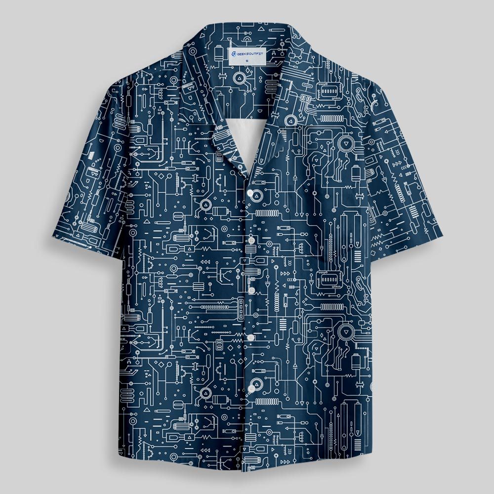 Faulty Circuit Board Blue Button Up Pocket Shirt