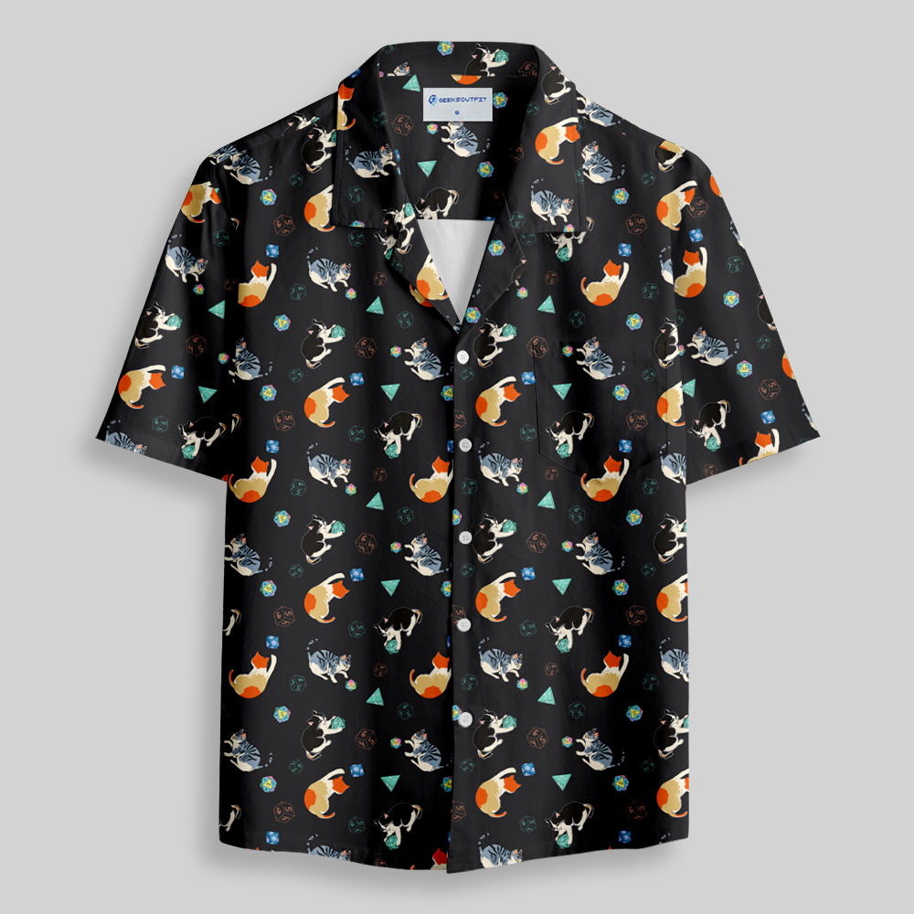 Feline Fun with DnD Dice Black Button Up Pocket Shirt