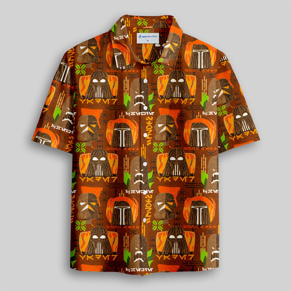 Hawaiian Traditional Tiki Brown Button Up Pocket Shirt